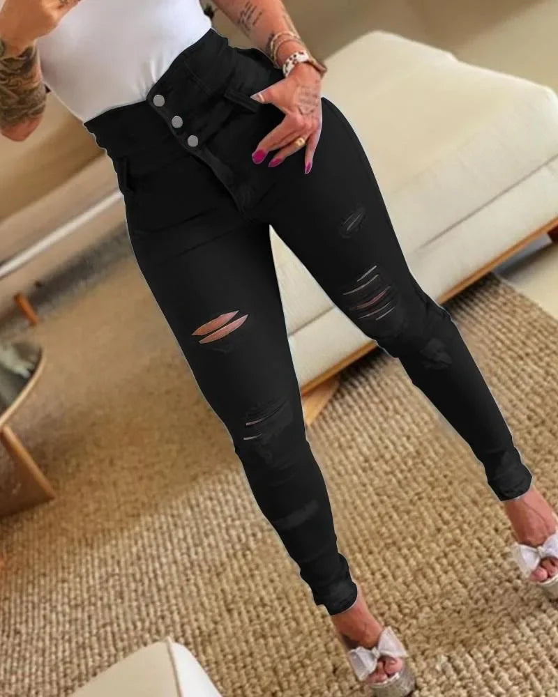 Women’s High-Waist Bodycon Pencil Jeans – Casual Sheath Denim Trousers with Tie Detail