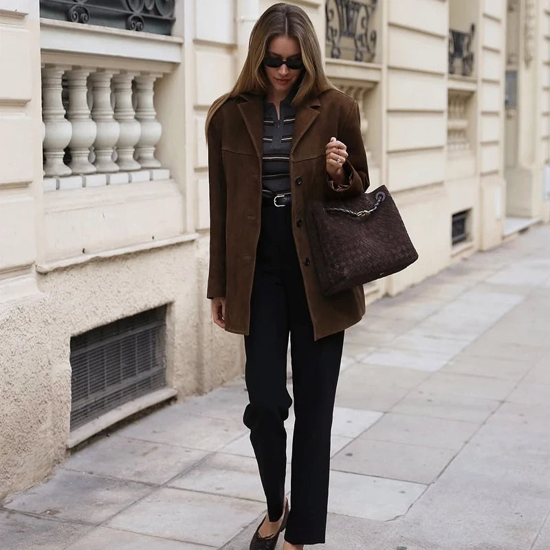 Vintage Old Money Brown Suede Leather Jacket for Women – Autumn Winter Demi-Season Elegant Outerwear Coat