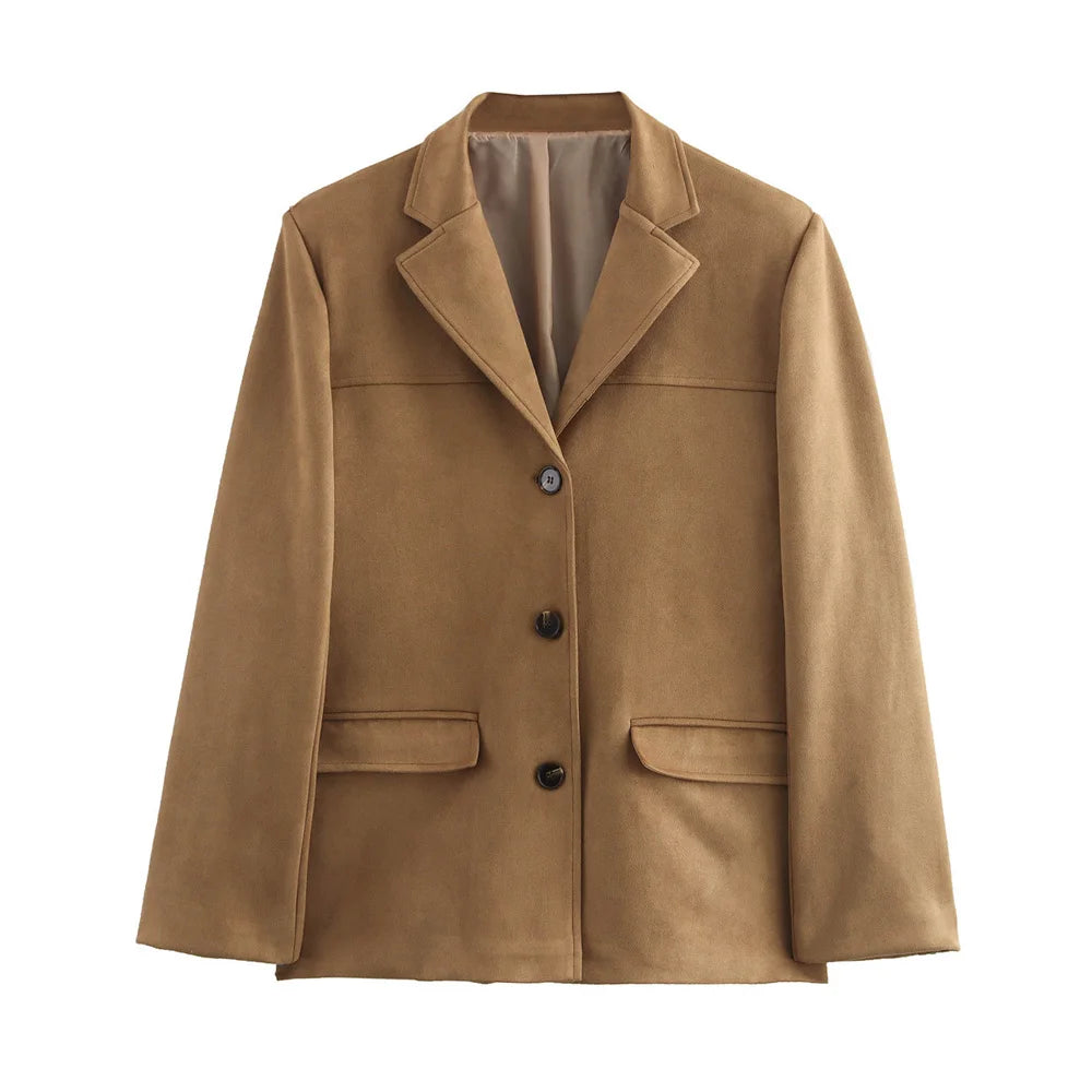 Vintage Old Money Brown Suede Leather Jacket for Women – Autumn Winter Demi-Season Elegant Outerwear Coat