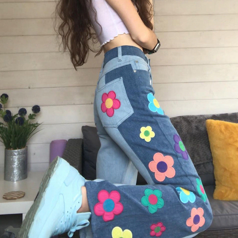 Patterned colorblock bootcut jeans for women - Collumn