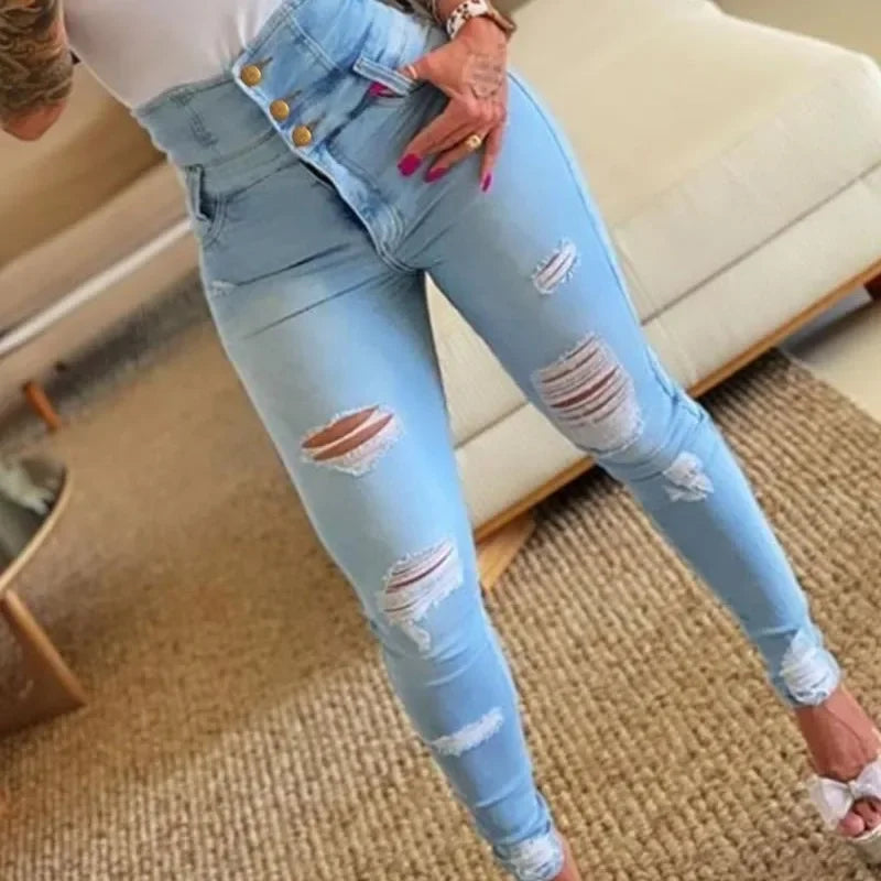 Women’s High-Waist Bodycon Pencil Jeans – Casual Sheath Denim Trousers with Tie Detail