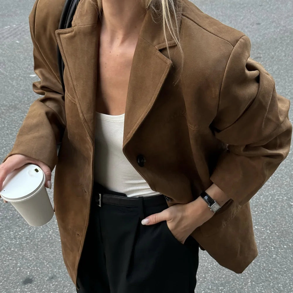 Vintage Old Money Brown Suede Leather Jacket for Women – Autumn Winter Demi-Season Elegant Outerwear Coat