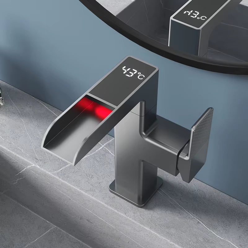 LED Waterfall Basin Faucet – 360° Rotating Tap with Temperature Display | Hot & Cold Mixer for Bathroom Sink