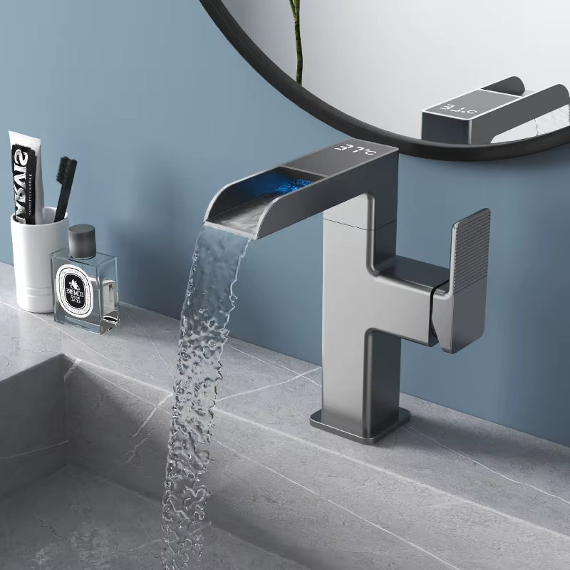 LED Waterfall Basin Faucet – 360° Rotating Tap with Temperature Display | Hot & Cold Mixer for Bathroom Sink
