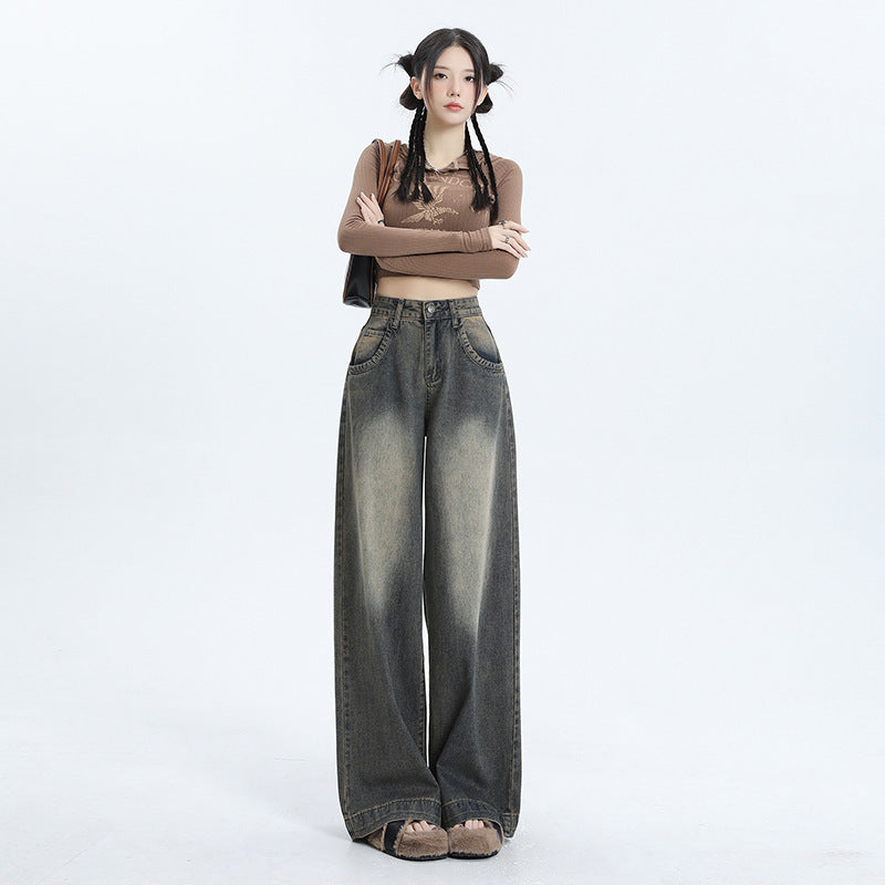 Trendy American retro wide leg jeans for winter - Collumn