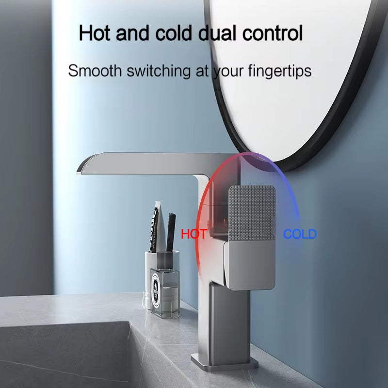 LED Waterfall Basin Faucet – 360° Rotating Tap with Temperature Display | Hot & Cold Mixer for Bathroom Sink