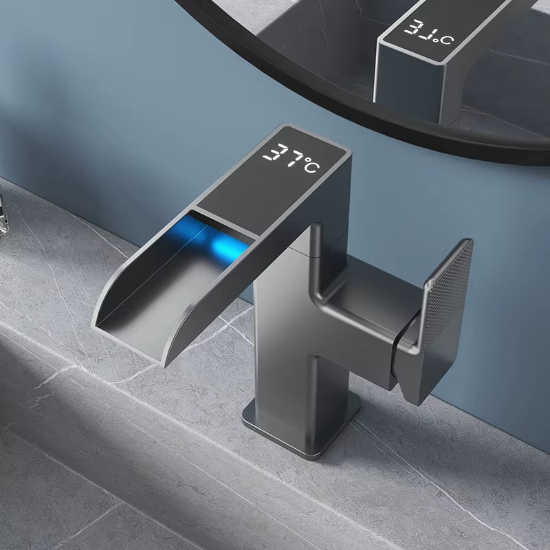 LED Waterfall Basin Faucet – 360° Rotating Tap with Temperature Display | Hot & Cold Mixer for Bathroom Sink