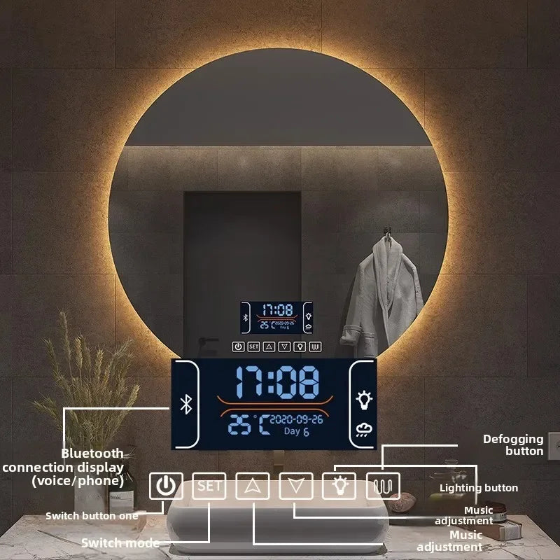 "LED Round Smart Mirror – Touch Screen, Anti-Fog, Wall-Mounted"
