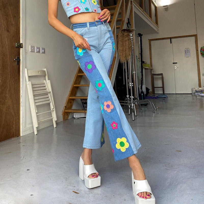Patterned colorblock bootcut jeans for women - Collumn
