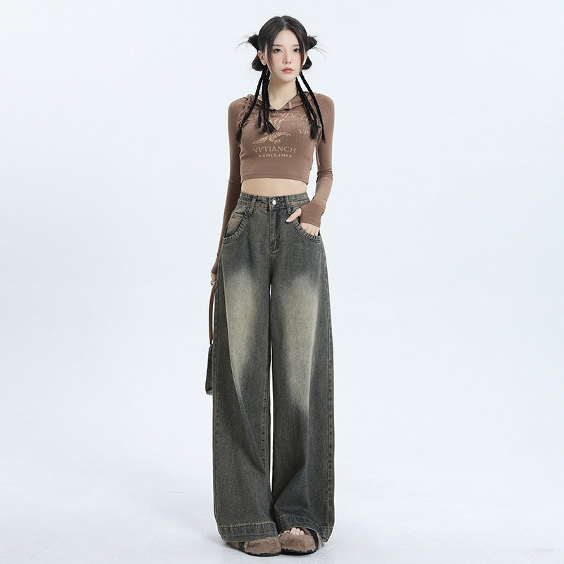Trendy American retro wide leg jeans for winter - Collumn