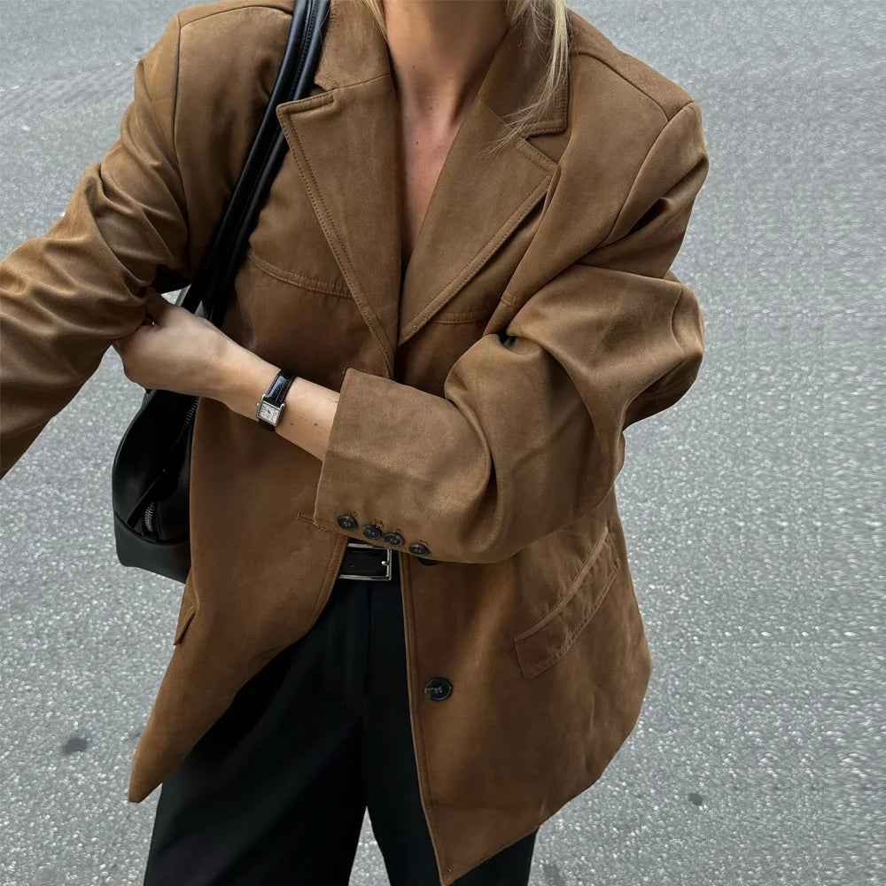 Vintage Old Money Brown Suede Leather Jacket for Women – Autumn Winter Demi-Season Elegant Outerwear Coat