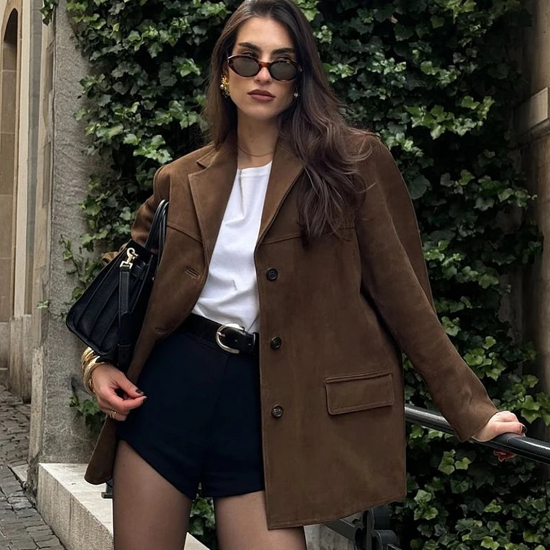 Vintage Old Money Brown Suede Leather Jacket for Women – Autumn Winter Demi-Season Elegant Outerwear Coat