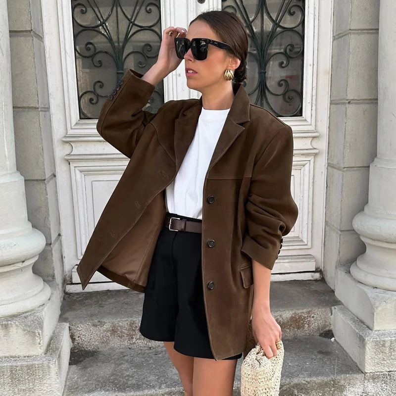 Vintage Old Money Brown Suede Leather Jacket for Women – Autumn Winter Demi-Season Elegant Outerwear Coat