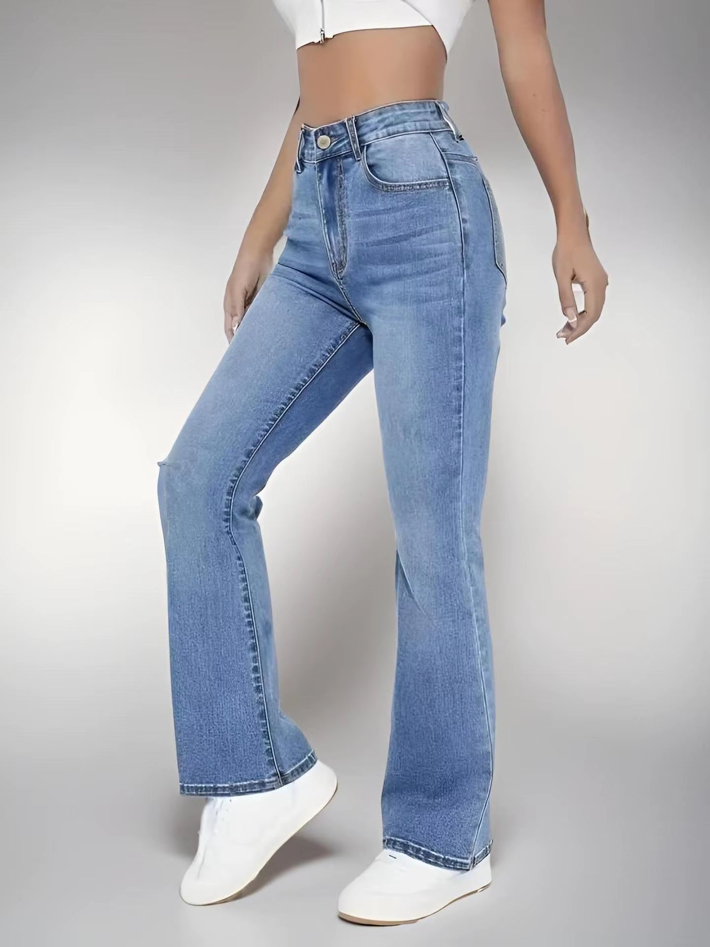 Women's High-Waist Slimming Washed Denim Jeans – Casual European & American Style