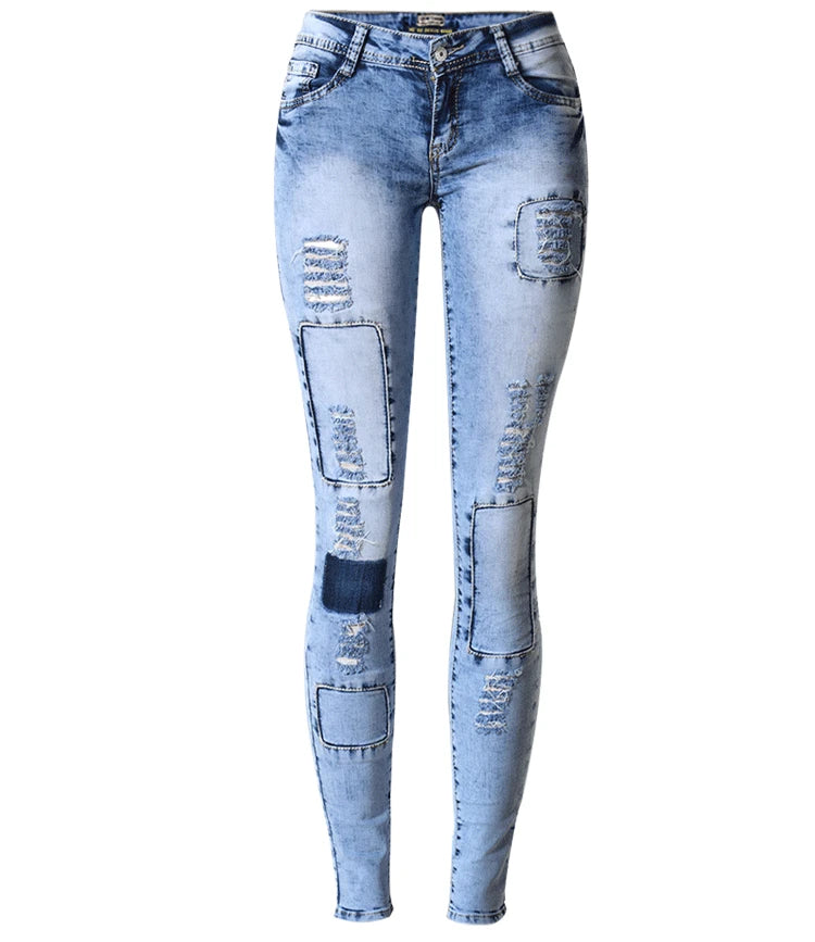 Summer Style Low Waist Sky Blue Patchwork Skinny Jeans for Women – High Stretch Push-Up Denim Pencil Tights – Sexy Slim Fit Fashion Jeans