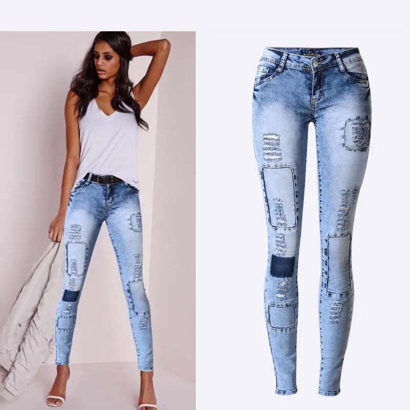 Summer Style Low Waist Sky Blue Patchwork Skinny Jeans for Women – High Stretch Push-Up Denim Pencil Tights – Sexy Slim Fit Fashion Jeans