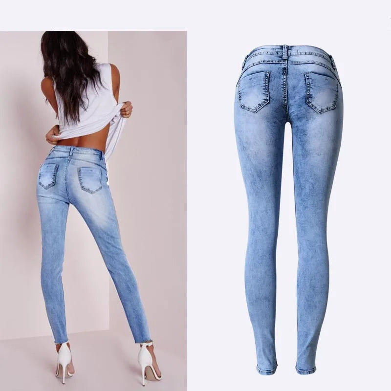 Summer Style Low Waist Sky Blue Patchwork Skinny Jeans for Women – High Stretch Push-Up Denim Pencil Tights – Sexy Slim Fit Fashion Jeans
