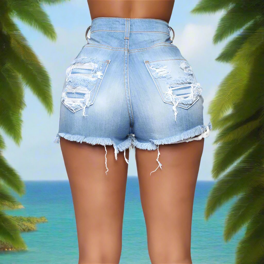 Trendy high elastic ripped jeans shorts for women - Collumn