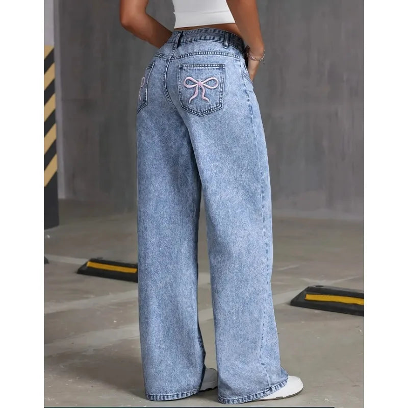 Denim Wide Leg Jeans Women – High Waisted Casual Pants with Bow Embroidered Pockets – Trendy Fashion Street Style Trousers
