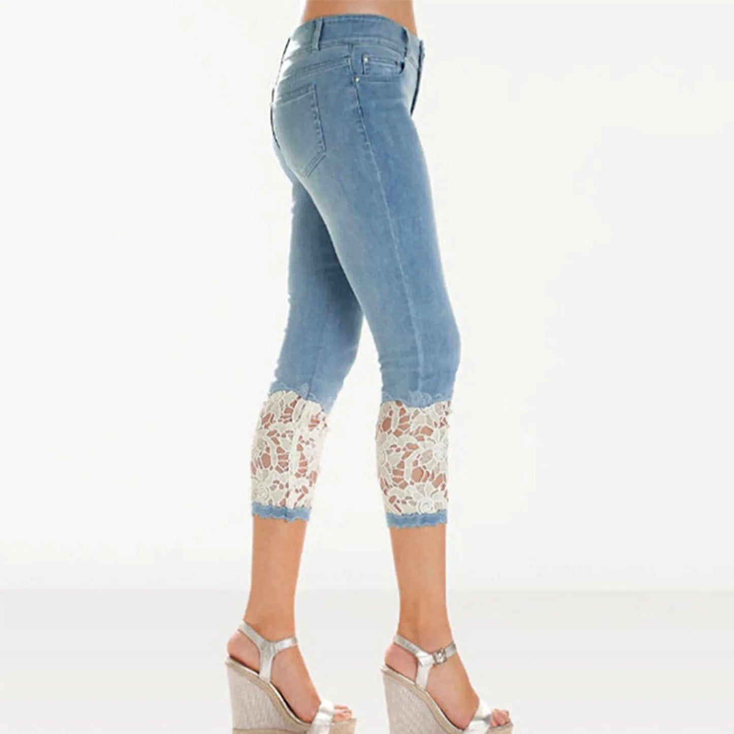Women’s Summer Lace Cropped Denim Pants – Slim Fit Floral Hollow-Out Pencil Jeans with Wrapped Knot Detail
