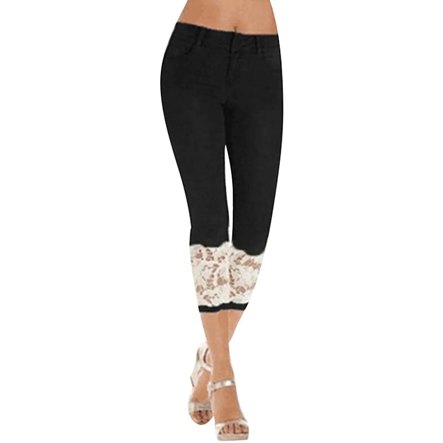 Women’s Summer Lace Cropped Denim Pants – Slim Fit Floral Hollow-Out Pencil Jeans with Wrapped Knot Detail