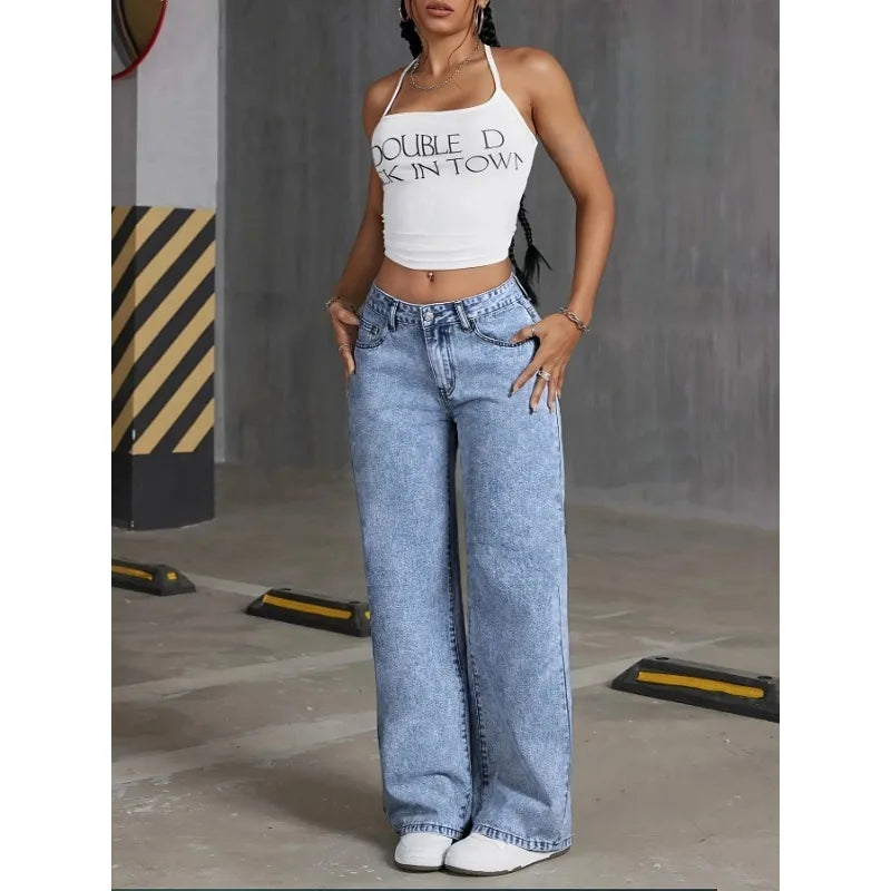 Denim Wide Leg Jeans Women – High Waisted Casual Pants with Bow Embroidered Pockets – Trendy Fashion Street Style Trousers