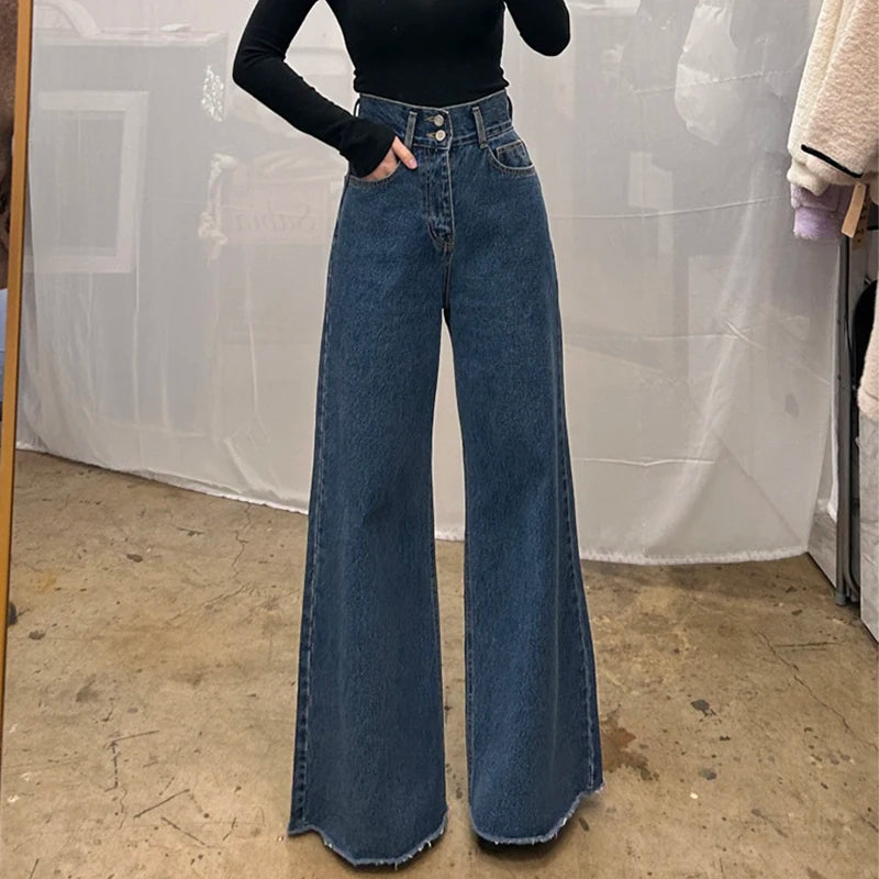 High-Waist Wide-Leg Jeans for Women – Retro Two-Button, Frayed Hem, Plus-Size Straight Cut Denim Pants