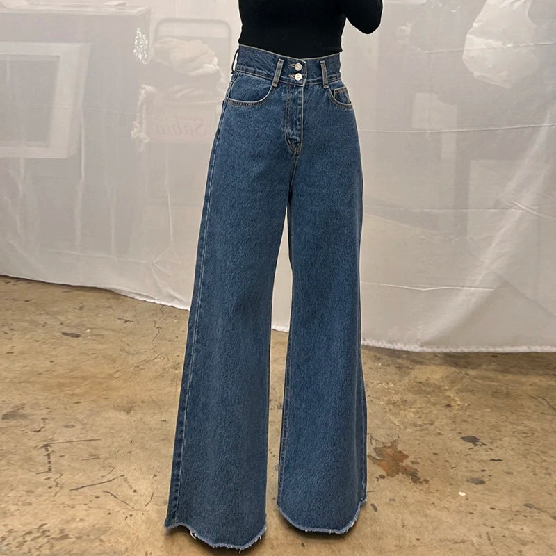 High-Waist Wide-Leg Jeans for Women – Retro Two-Button, Frayed Hem, Plus-Size Straight Cut Denim Pants