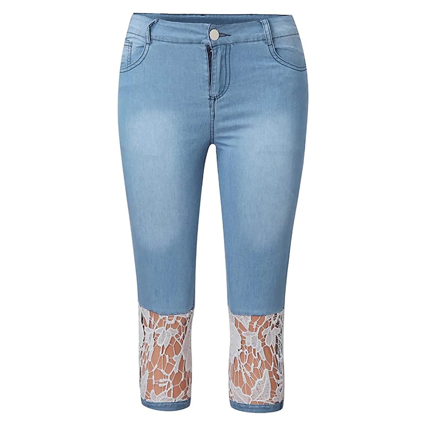 Women’s Summer Lace Cropped Denim Pants – Slim Fit Floral Hollow-Out Pencil Jeans with Wrapped Knot Detail