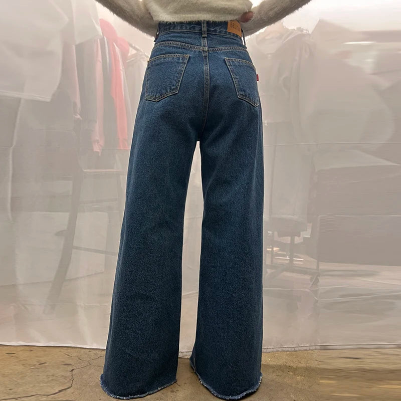 High-Waist Wide-Leg Jeans for Women – Retro Two-Button, Frayed Hem, Plus-Size Straight Cut Denim Pants