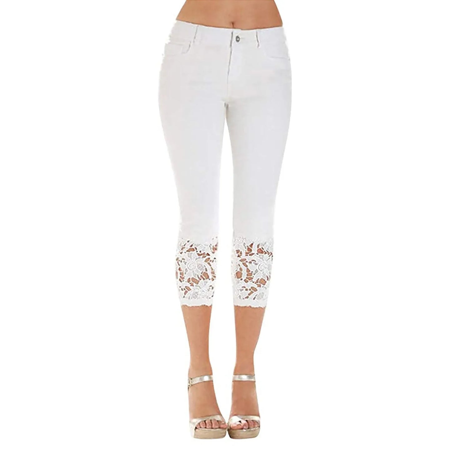 Women’s Summer Lace Cropped Denim Pants – Slim Fit Floral Hollow-Out Pencil Jeans with Wrapped Knot Detail