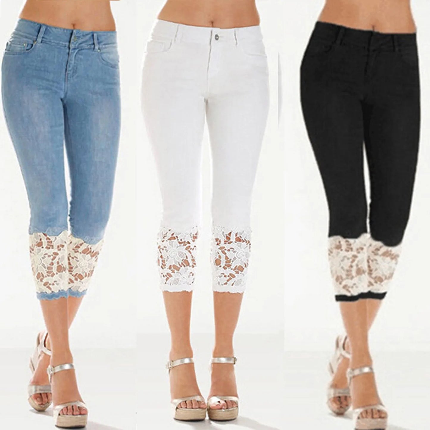 Women’s Summer Lace Cropped Denim Pants – Slim Fit Floral Hollow-Out Pencil Jeans with Wrapped Knot Detail