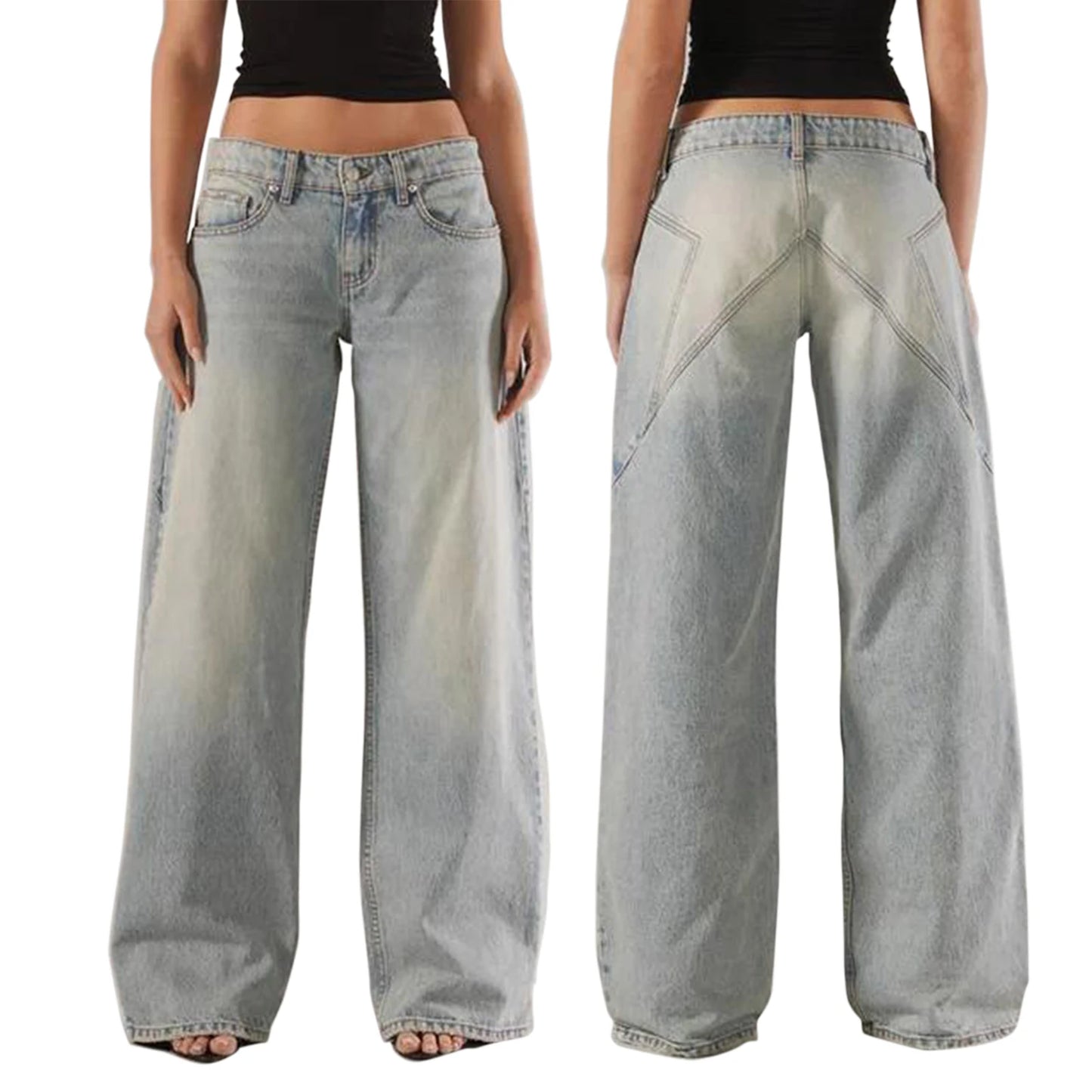 Women’s Y2K Vintage Gradient Jeans – Low Waist, Loose Fit, Wide Leg Denim with Pockets