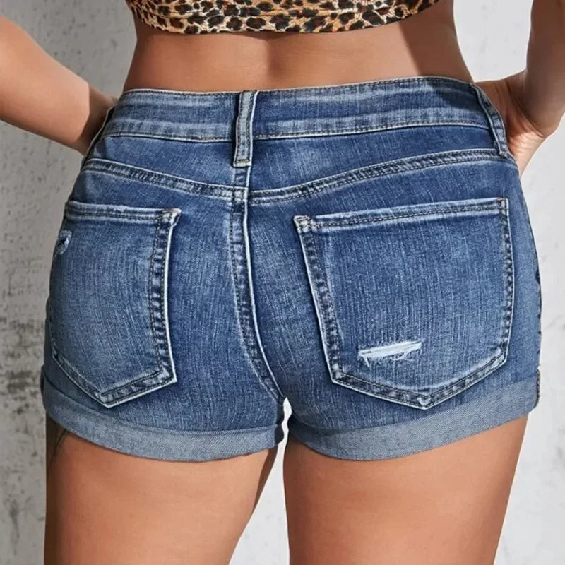 Women’s Split Denim Shorts – Summer Beach Wild Fashion, Sexy Mid Waist, Curled Cuff, Perforated Slim Fit Casual Shorts