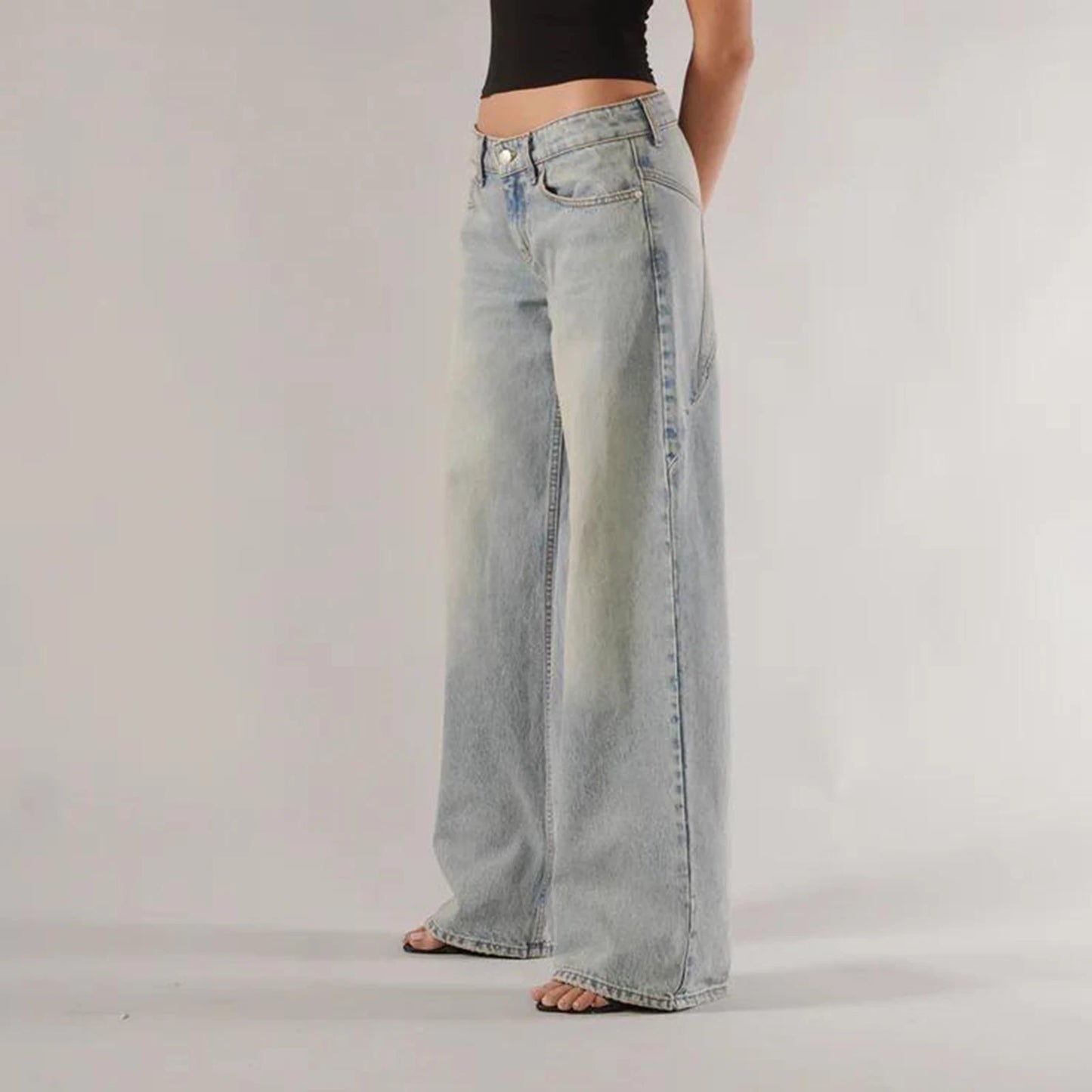Women’s Y2K Vintage Gradient Jeans – Low Waist, Loose Fit, Wide Leg Denim with Pockets