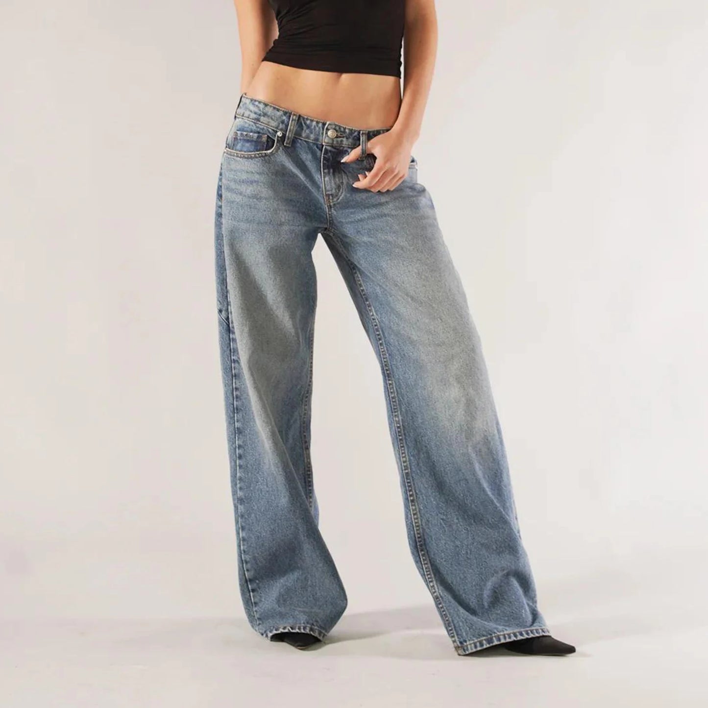 Women’s Y2K Vintage Gradient Jeans – Low Waist, Loose Fit, Wide Leg Denim with Pockets