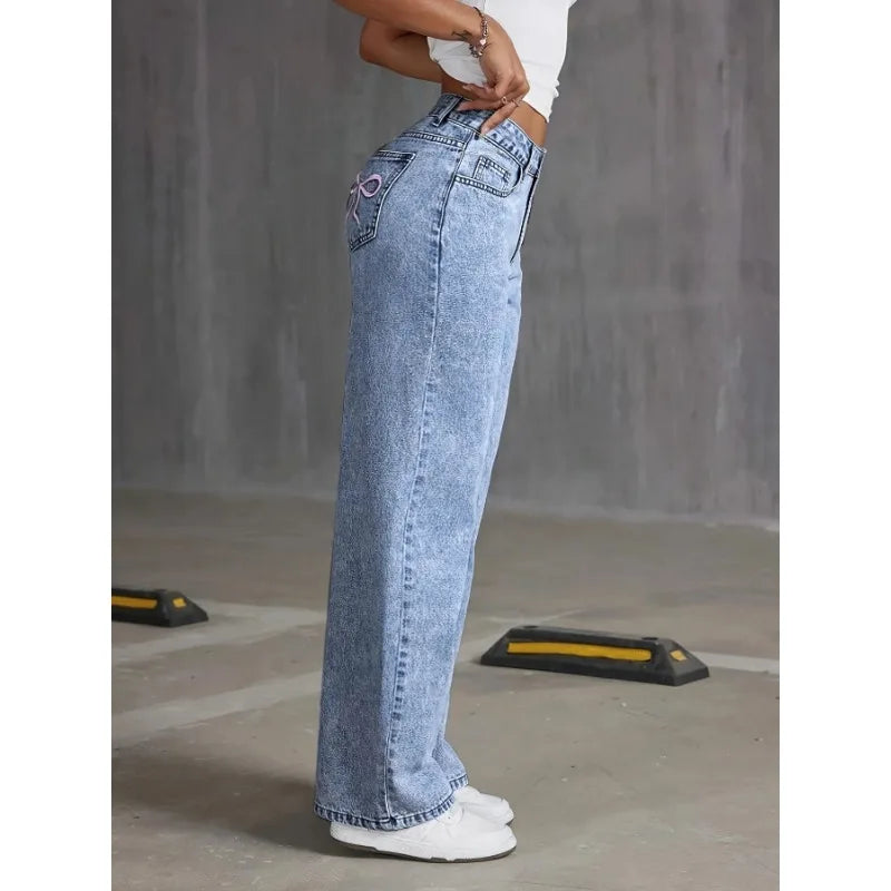Denim Wide Leg Jeans Women – High Waisted Casual Pants with Bow Embroidered Pockets – Trendy Fashion Street Style Trousers