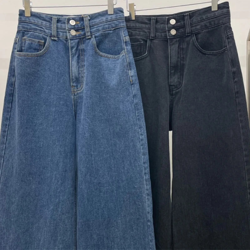 High-Waist Wide-Leg Jeans for Women – Retro Two-Button, Frayed Hem, Plus-Size Straight Cut Denim Pants