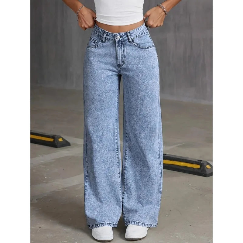 Denim Wide Leg Jeans Women – High Waisted Casual Pants with Bow Embroidered Pockets – Trendy Fashion Street Style Trousers