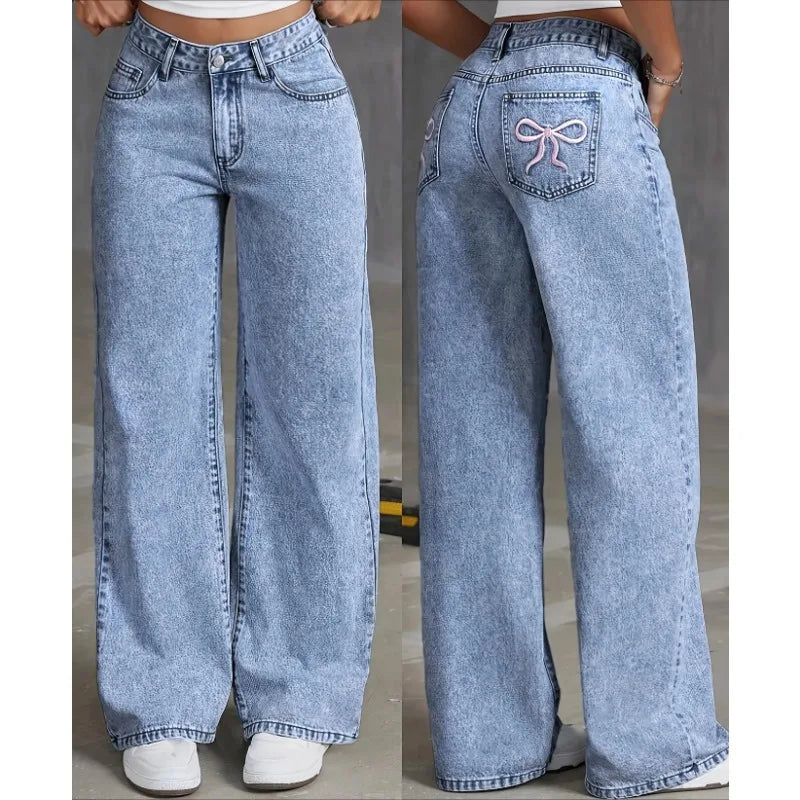 Denim Wide Leg Jeans Women – High Waisted Casual Pants with Bow Embroidered Pockets – Trendy Fashion Street Style Trousers