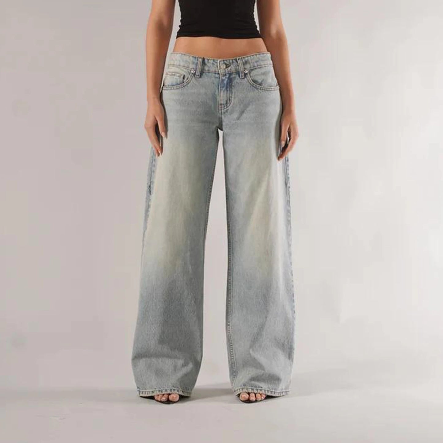 Women’s Y2K Vintage Gradient Jeans – Low Waist, Loose Fit, Wide Leg Denim with Pockets