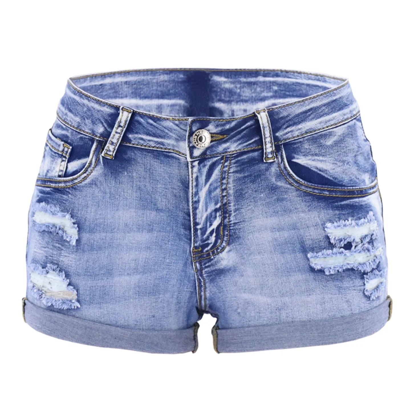 Women’s Split Denim Shorts – Summer Beach Wild Fashion, Sexy Mid Waist, Curled Cuff, Perforated Slim Fit Casual Shorts