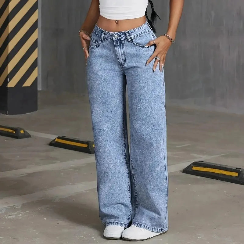 Denim Wide Leg Jeans Women – High Waisted Casual Pants with Bow Embroidered Pockets – Trendy Fashion Street Style Trousers