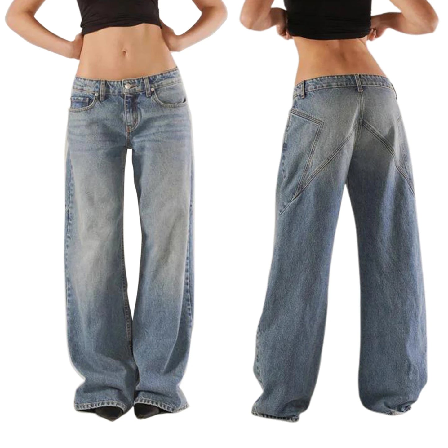 Women’s Y2K Vintage Gradient Jeans – Low Waist, Loose Fit, Wide Leg Denim with Pockets