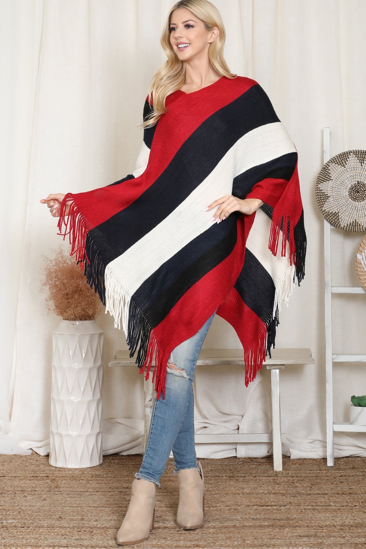 Hdf2099 - Color Block Fringe Poncho - Collumn