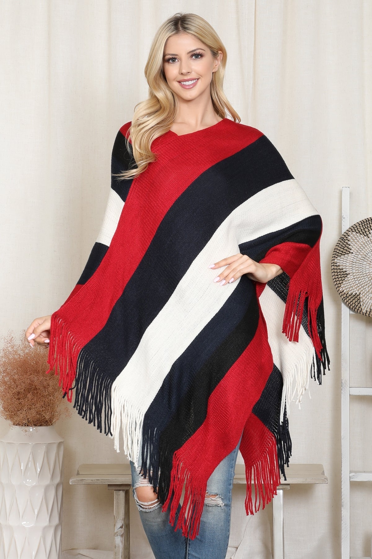 Hdf2099 - Color Block Fringe Poncho - Collumn