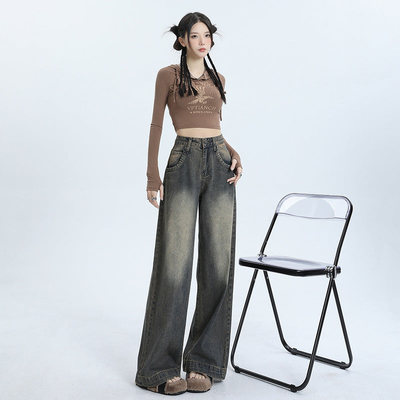 Trendy American retro wide leg jeans for winter - Collumn