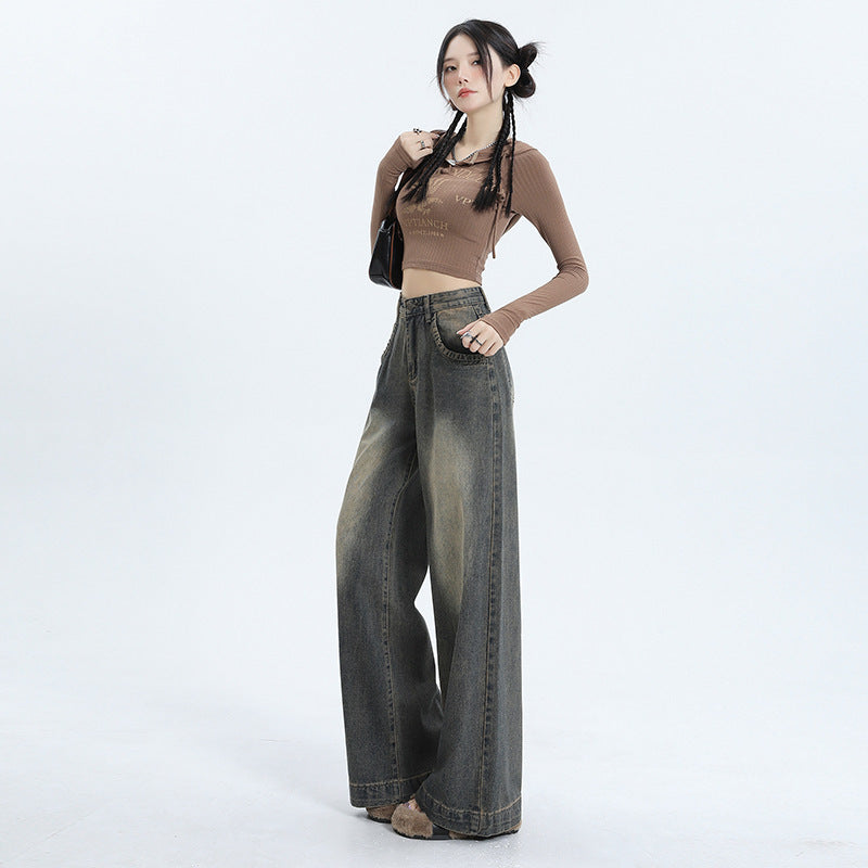 Trendy American retro wide leg jeans for winter - Collumn