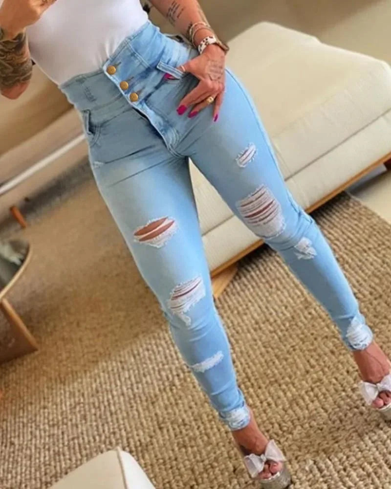 Women’s High-Waist Bodycon Pencil Jeans – Casual Sheath Denim Trousers with Tie Detail
