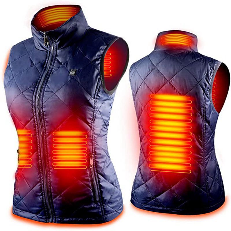 “Black electric warming vest showing heating zones on back and chest”